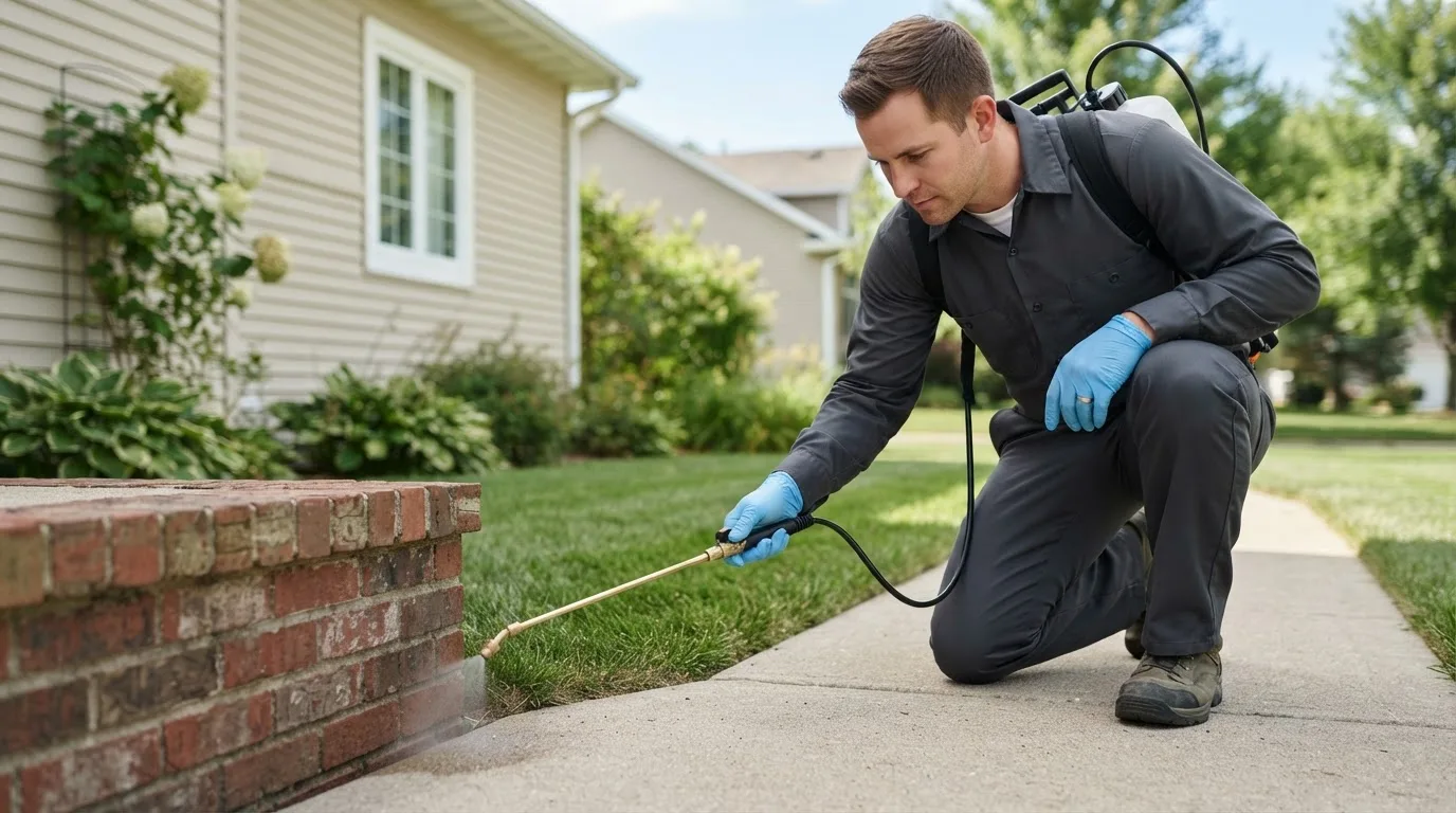 Pest control technician treating a home near Smithville, OH