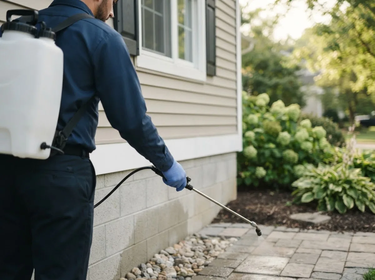 Pest control technician inspecting a home in Smithville, OH
